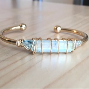Light Blue Crystal 14k Gold Cuff Bangle Bracelet